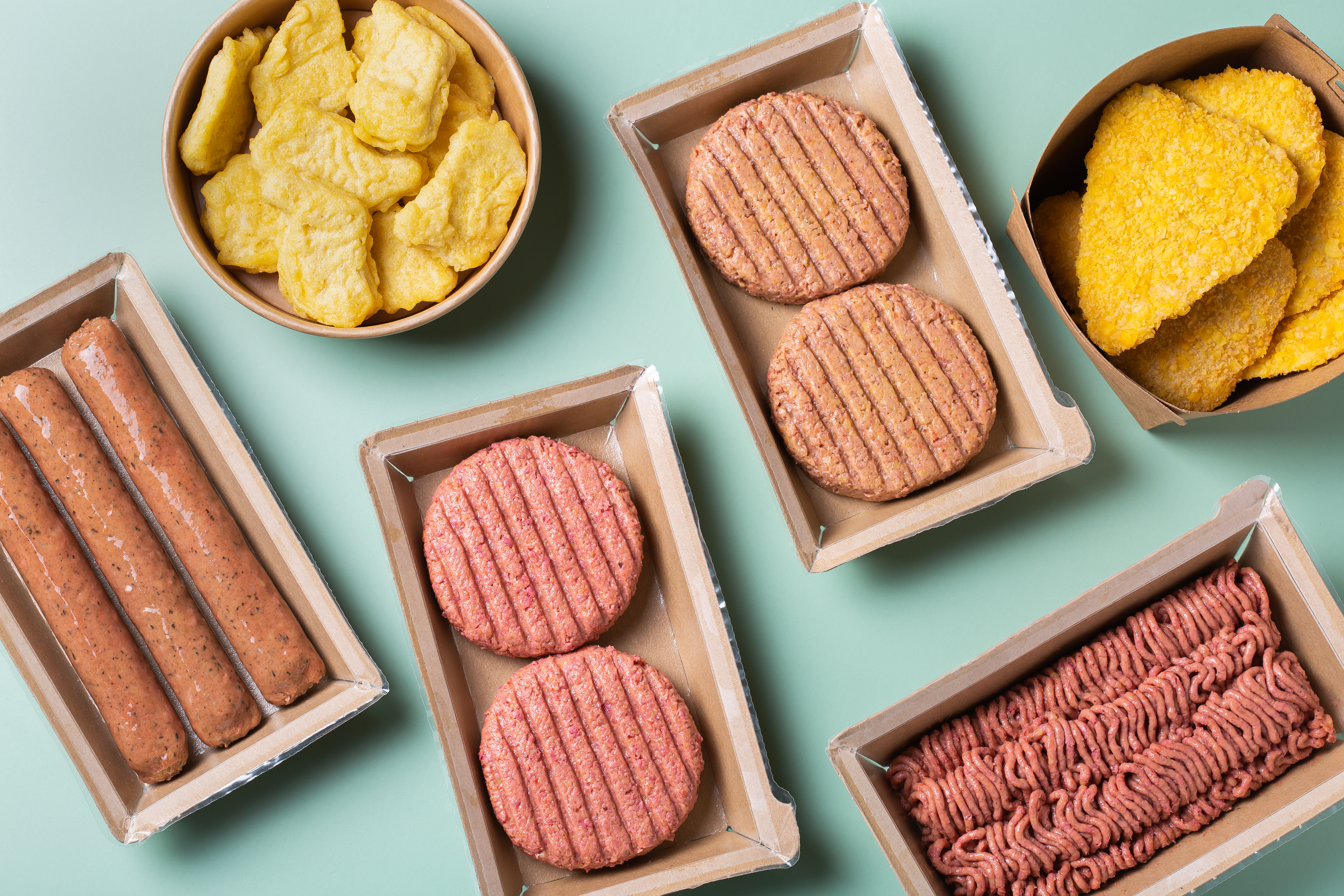 Variety of plant based meat, food to reduce carbon footprint